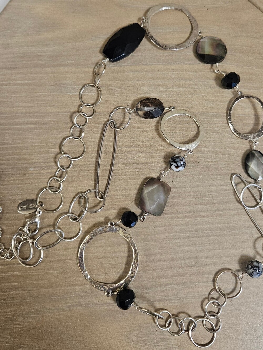White House Black Market WHBM Silver Chain Shell Beads Link Long Circle Necklace